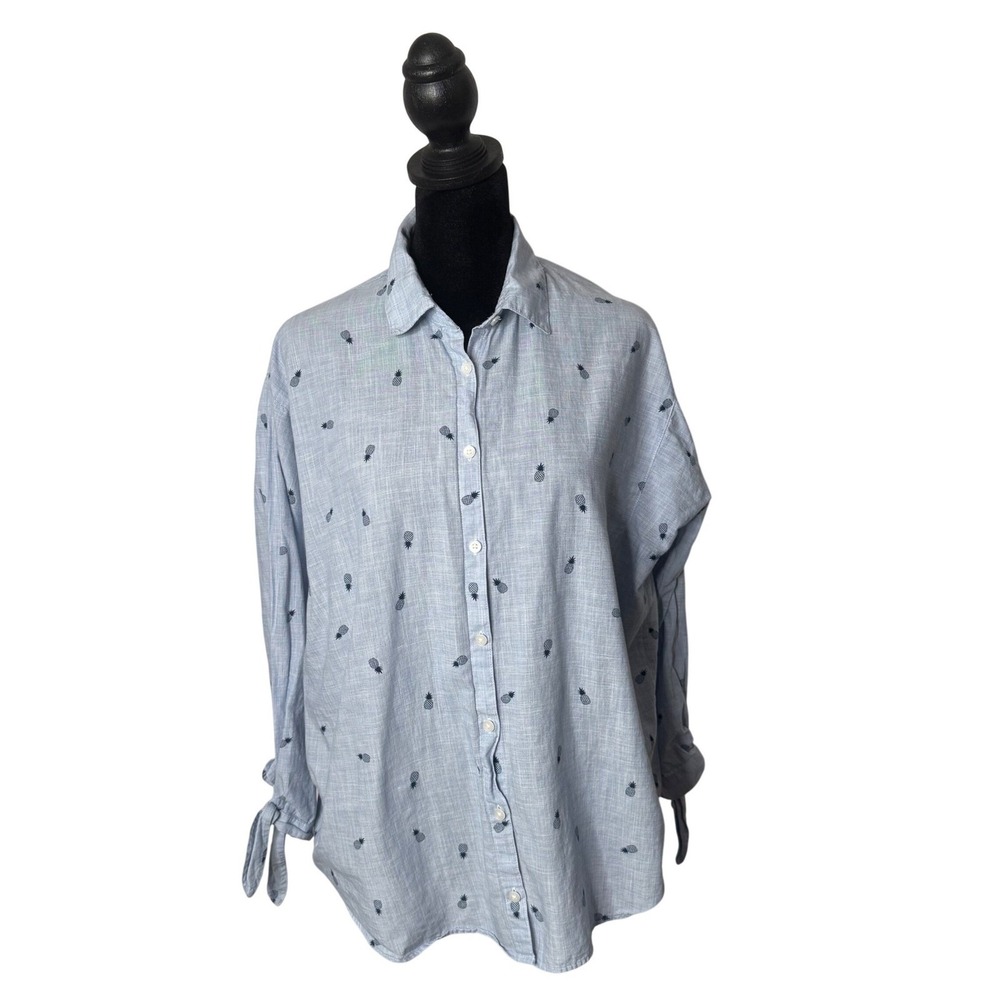 Madewell Pineapple Button Down Shirt Womens M Blue Cotton‎ Tie Cuff Blouse